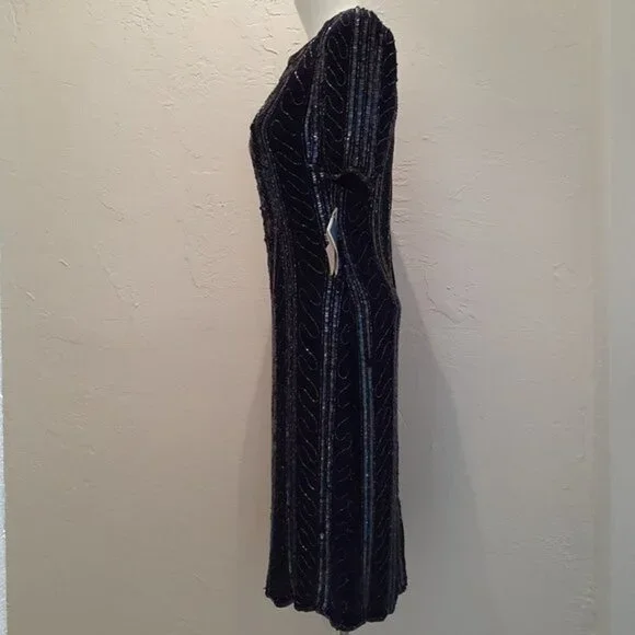 NWT VINTAGE SWEE LO Handmade Beaded & Sequin Navy Blue Cocktail Dress Deadstock - Picture 10 of 13